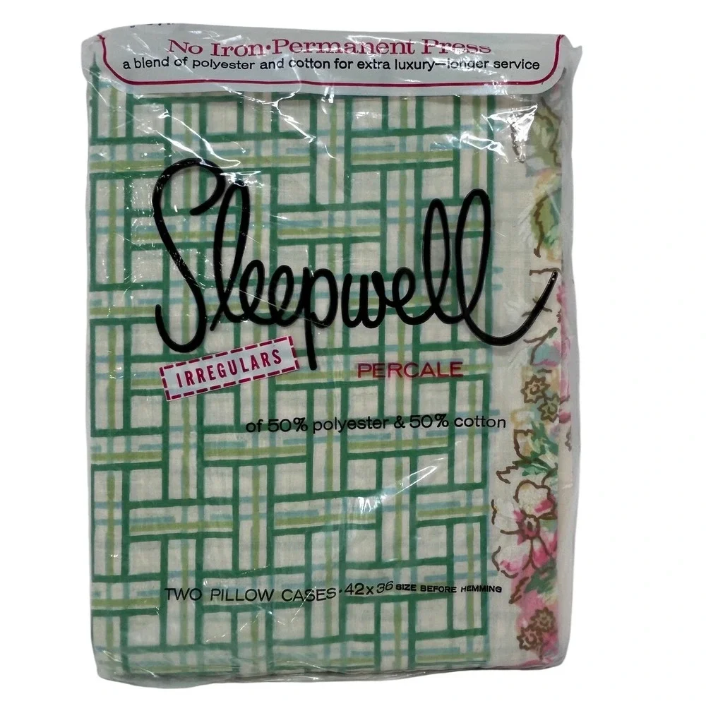 Vintage Sleepwell Percale‎ Pillowcases Set of 2 Green Geometric Floral 42x36 NEW